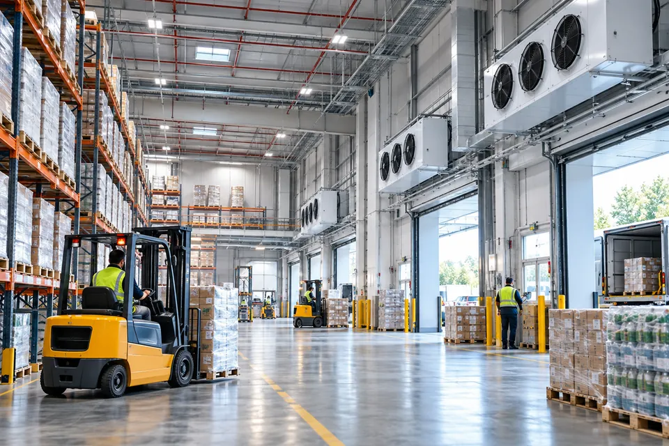 Magacin i logistički centar sa regalima, paletama i viljuškarima